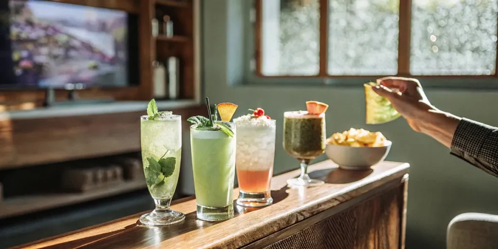 A hand reaching for a drink on a wooden bar counter with four elegantly garnished CBD-infused cocktails, and a bowl of snacks.