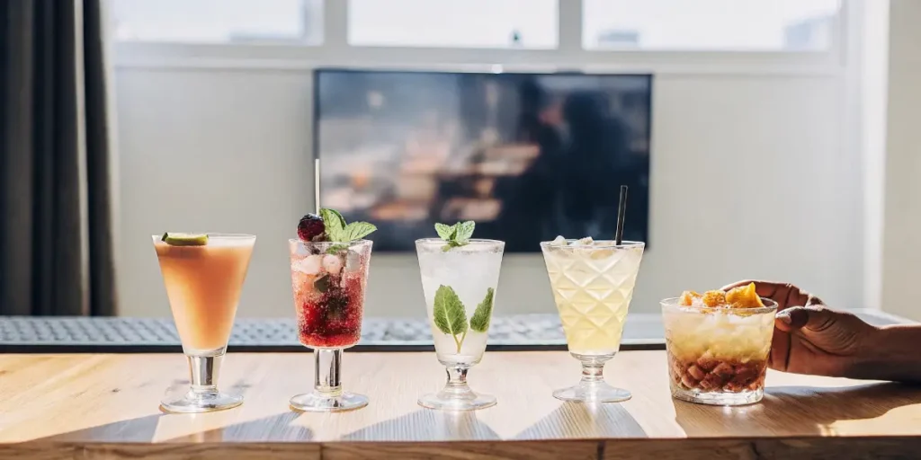 A hand reaching for one of five elegant CBD-infused cocktails on a wooden bar counter, with a blurred TV in the background.