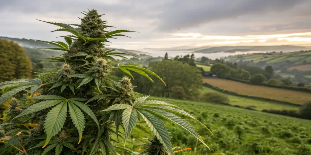 Outdoor Cannabis Plant in a Rural Landscape