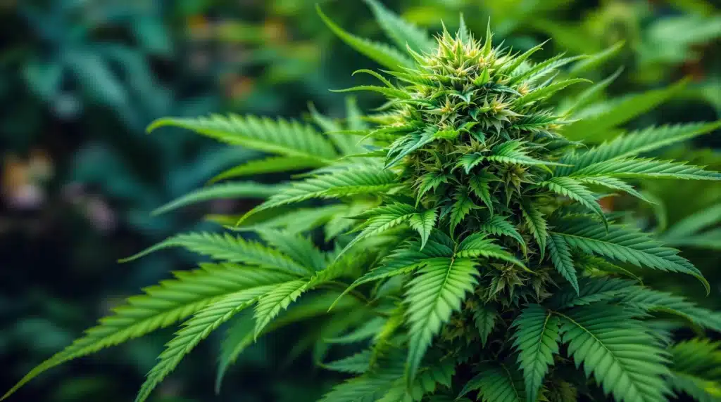 Mature man with glasses inspecting cannabis plants in a greenhouse.