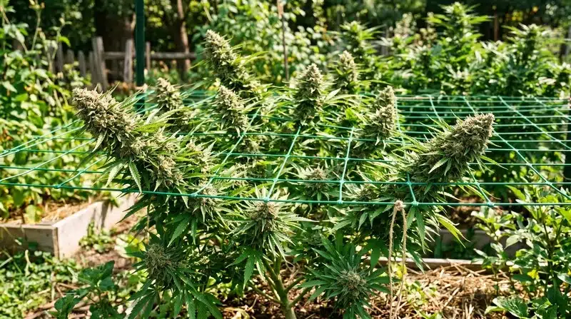 Lush cannabis plants growing outdoors in neat rows under bright sunlight with flowers in the foreground.