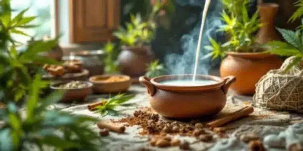 Clay pot with cannabis leaves and spices for natural cannabis detox methods