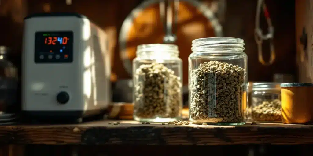 Cannabis seeds stored in airtight jars, highlighting methods to extend how long cannabis seeds last.