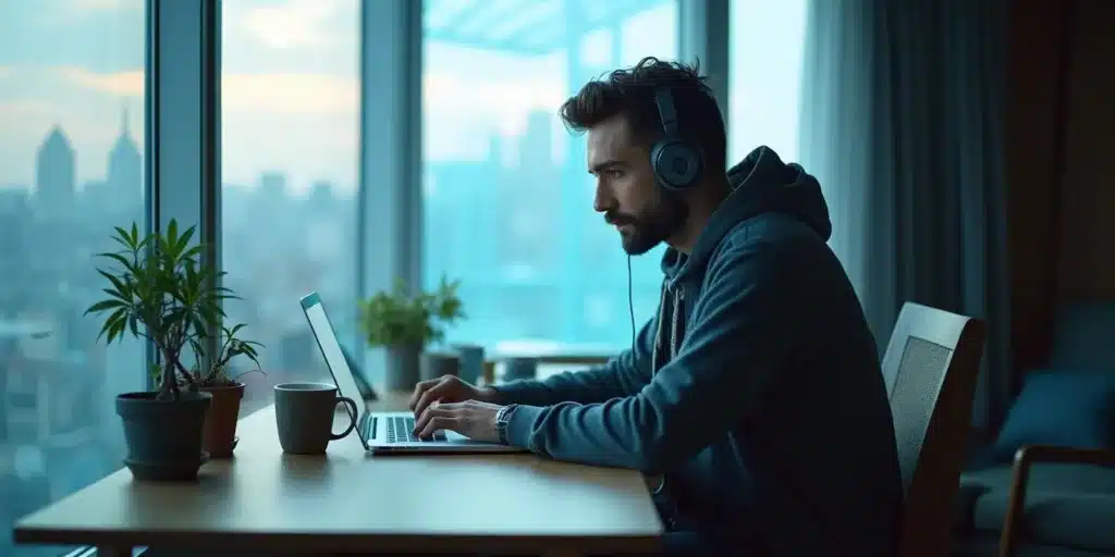 Man working on a laptop with headphones, emphasizing the best 7 strain for work to enhance concentration and efficiency during long tasks.