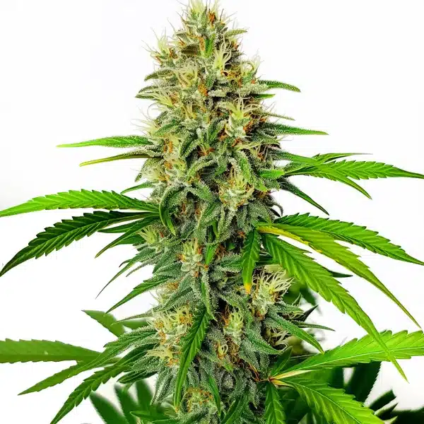 Maxigom Auto cannabis cola covered in resin with fresh green leaves