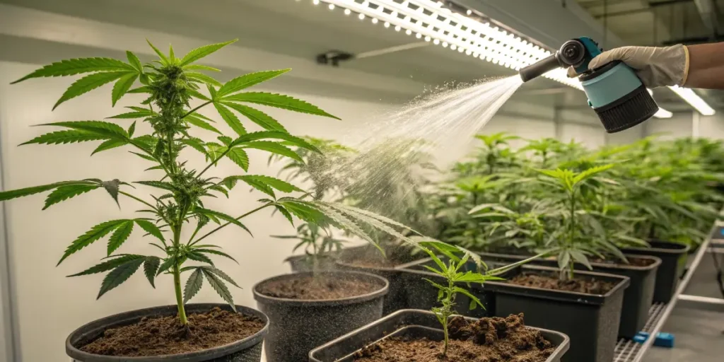 Spraying water on cannabis plants in an indoor grow room