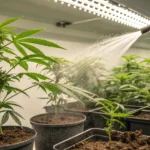 Spraying water on cannabis plants in an indoor grow room