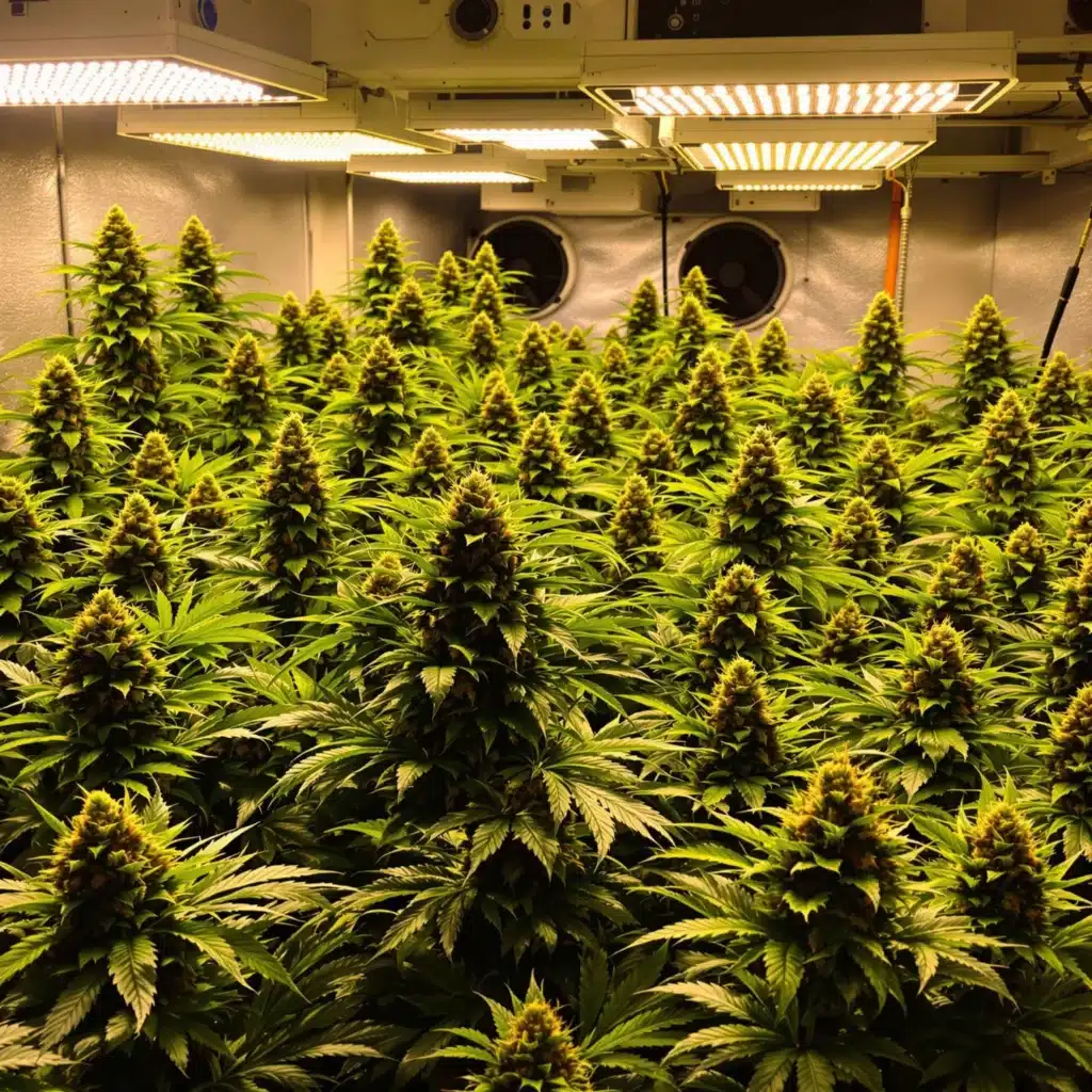 Indoor cannabis grow with LED lights, showing high yields in marijuana Fast Version strains with dense, resinous buds.
