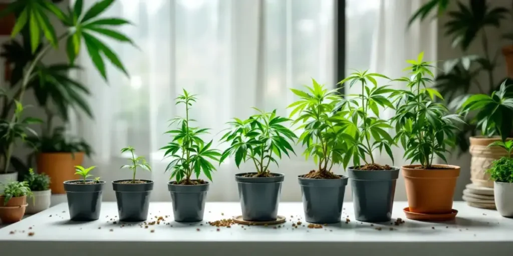 Cannabis seedlings growing in pots indoors under natural light
