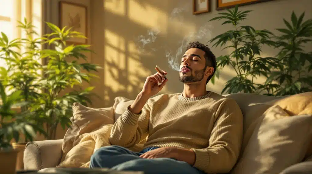 Man relaxing on a couch while smoking a cannabis joint in a sunlit living room