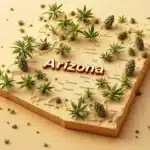 A 3D map of Arizona with cannabis plants and buds scattered across a desert-like landscape.