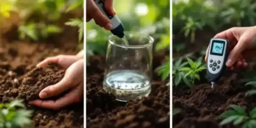 Hands testing soil quality and pH for healthy cannabis plant growth.