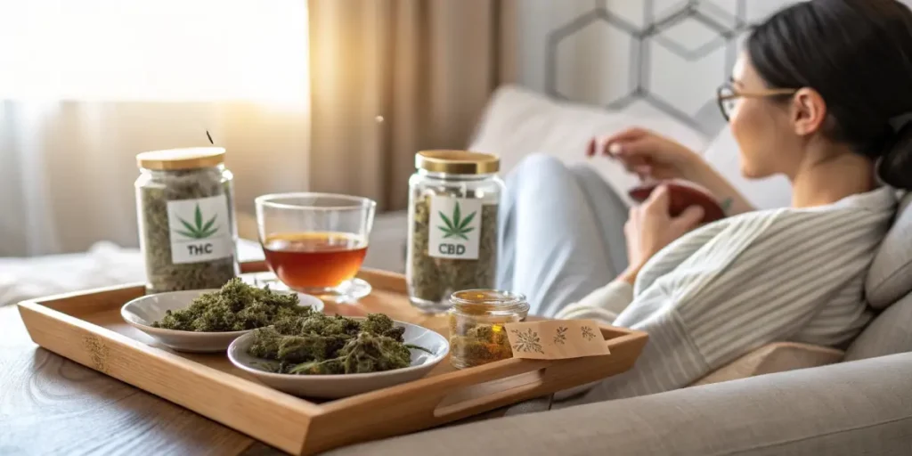 Tray with cannabis products: THC & CBD jars, buds on plates, oil, and a tea glass, with a person reading.