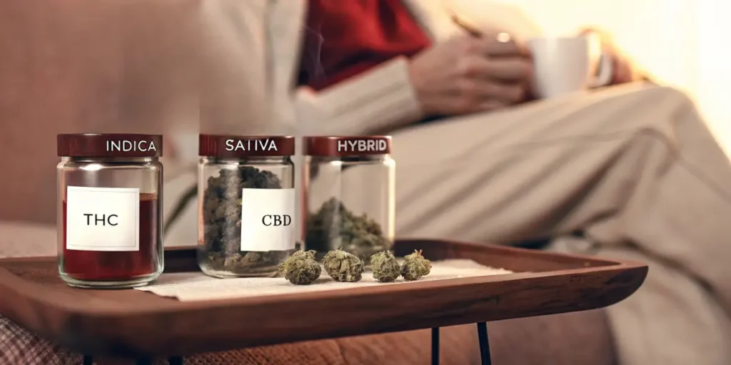 Glass jars labeled Indica/THC, Sativa/CBD, Hybrid with cannabis, and loose buds, on a tray.