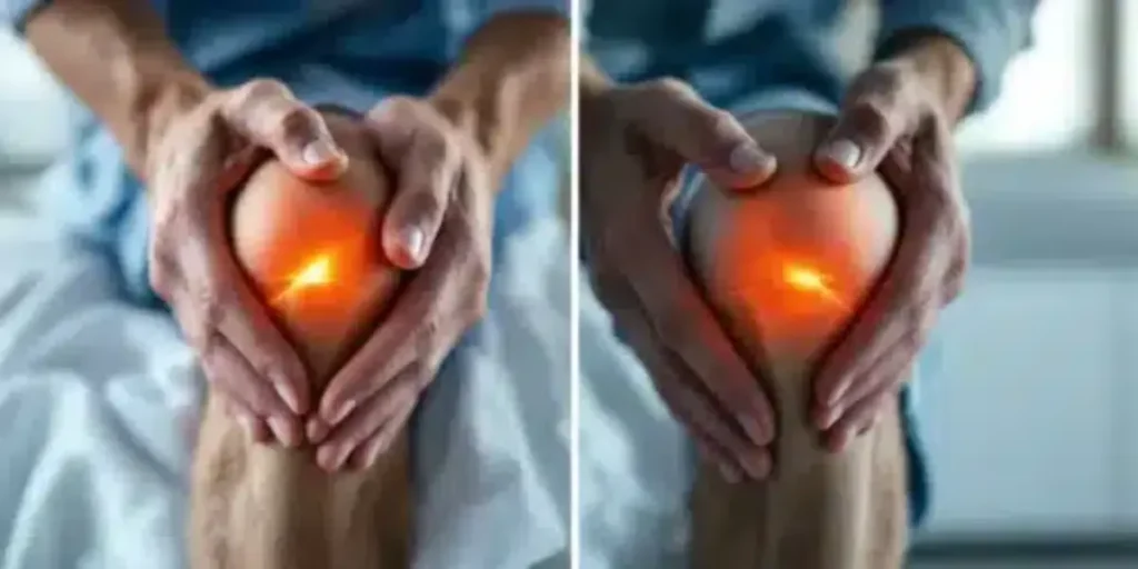 Hands holding an inflamed knee, concept of medical marijuana for arthritis relief
