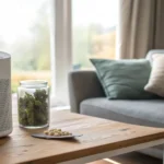 Hyper-realistic scene: white aroma diffuser emitting smoke next to a glass jar of cannabis buds and a tray of terpenes, on a wooden coffee table in a modern living room.