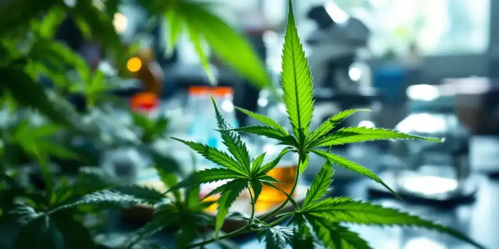 Cannabis leaves in a laboratory setting used to study weed’s stimulant or depressant effects.