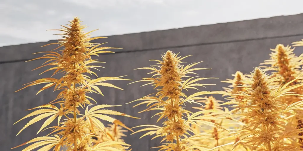 Hyper-realistic row of golden-hued cannabis plants with buds against a concrete wall, under a bright sky.