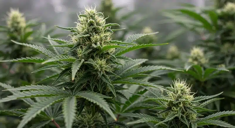 Chemdog #4 cannabis buds covered in resin and surrounded by dark green leaves.