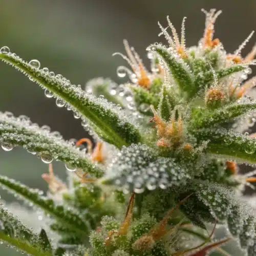 A macro image highlighting the intricate details of trichomes and buds on a Narkosis plant under magnification.