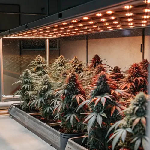 Hyper-realistic digital illustration of an indoor cannabis grow room with plants in various stages, under bright red and white grow lights, and transparent panels.