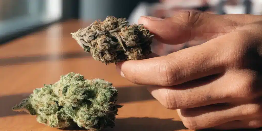 Hand Inspecting a Dried Cannabis Bud