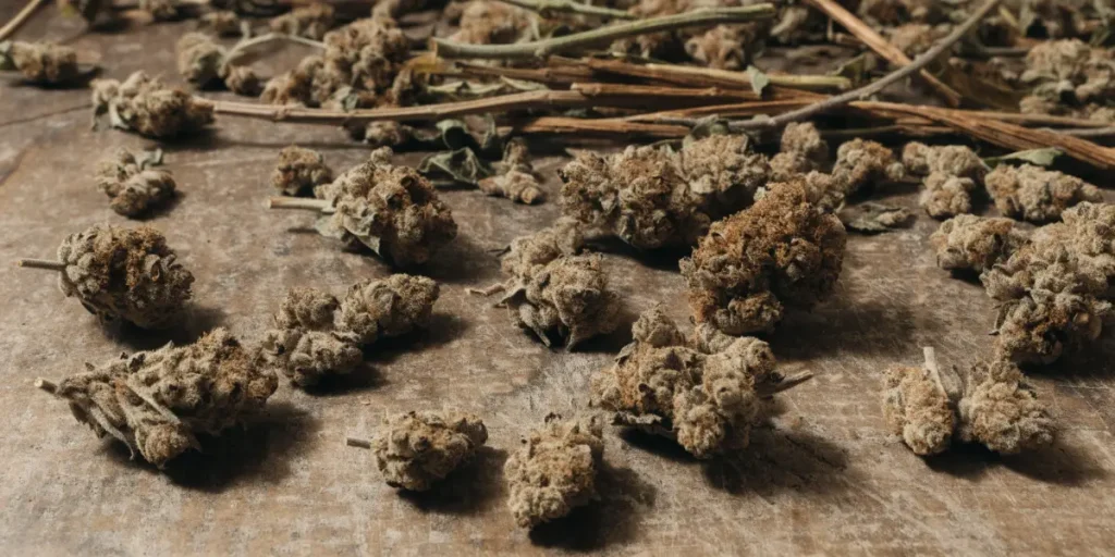 Low-Quality Cannabis Buds Scattered on Wood
