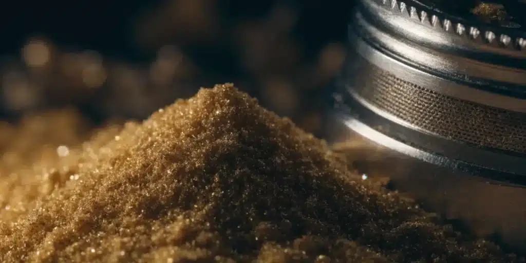 Macro Close-Up of Golden Cannabis Kief and Grinder