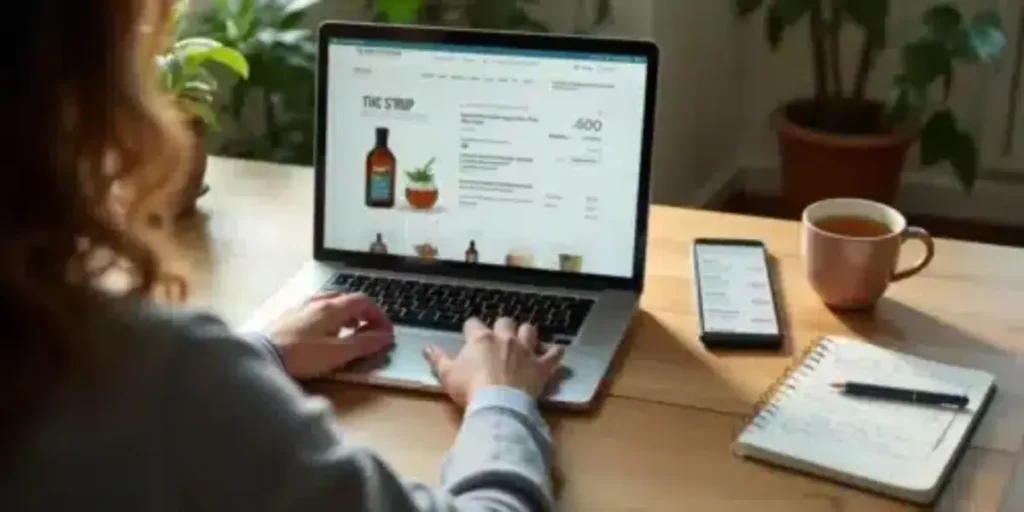Person shopping for cannabis products online using a laptop at home.