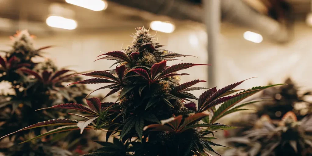 Hyper-realistic shot of a dark-leaved plant with visible buds, dimly lit from above, with other plants blurred in the background.