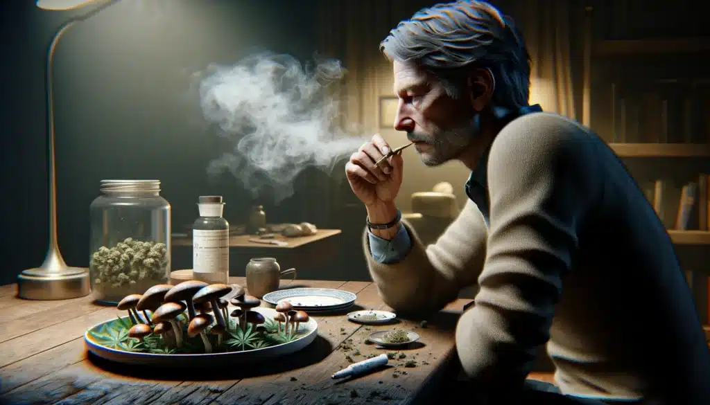 Middle-aged man smoking with mushrooms on table in a dim room