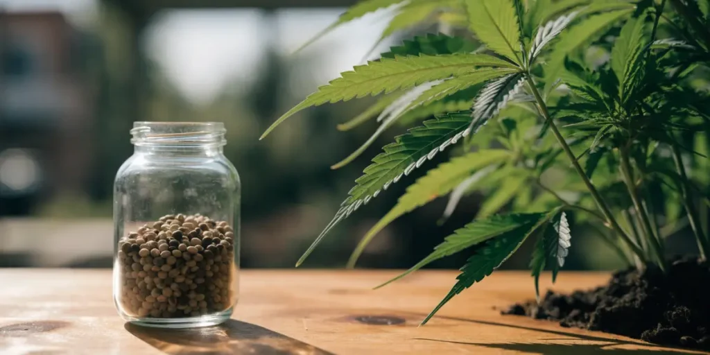 Cannabis Seeds in a Glass Jar Beside a Cannabis Plant