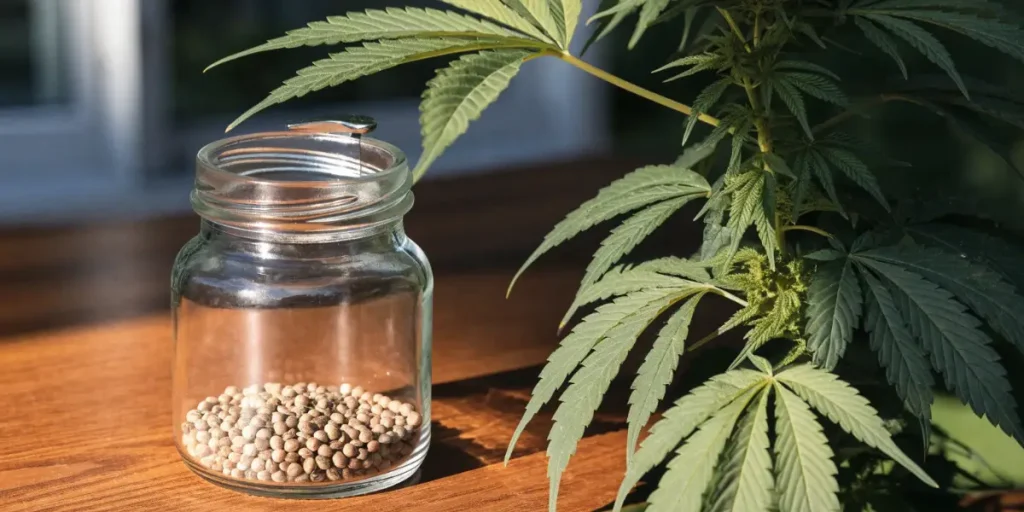 Cannabis Seeds in an Open Glass Jar Next to a Cannabis Plant