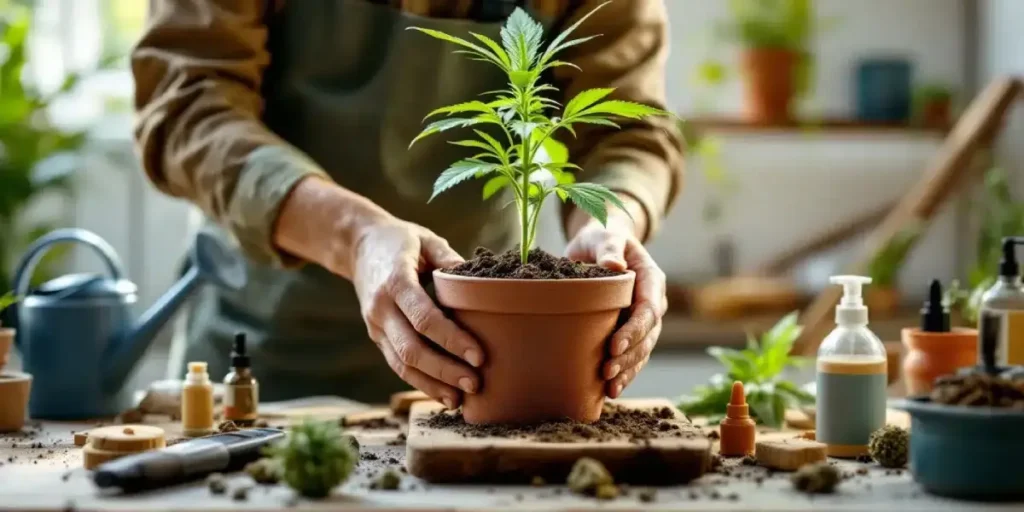 Gardener planting a young cannabis seedling in a clay pot indoors, surrounded by growing tools and nutrient bottles.