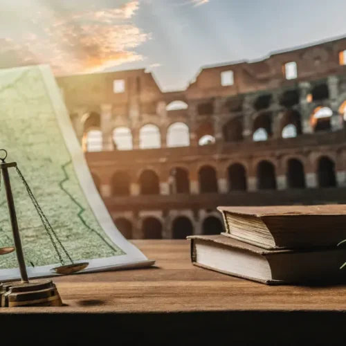 Hyper-realistic digital illustration depicting the Colosseum in Rome, with a scale of justice, old books, a map, and cannabis leaves in the foreground.