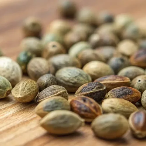 Hyper-realistic close-up of a pile of diverse cannabis seeds, varying in color and pattern, on a wooden surface.