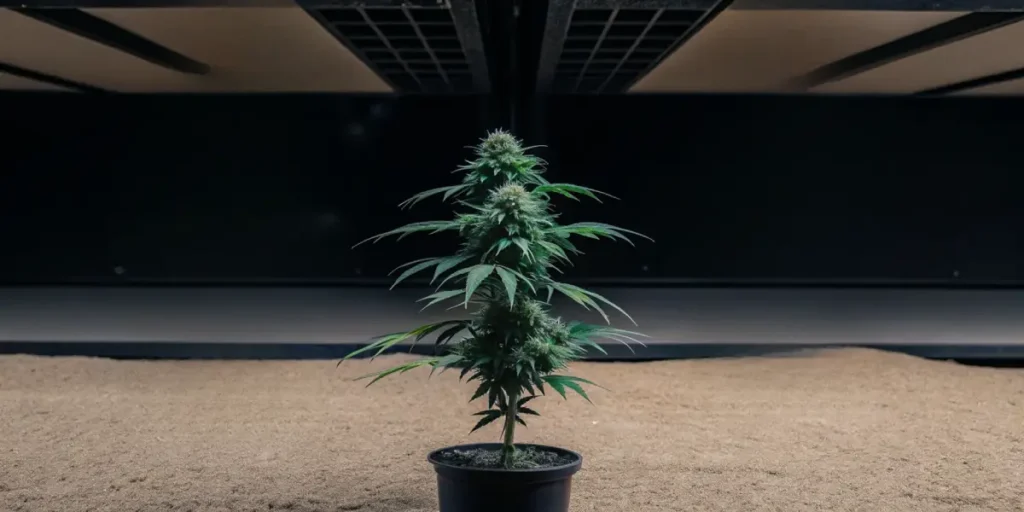 Small cannabis plant growing in a pot under indoor LED grow lights.