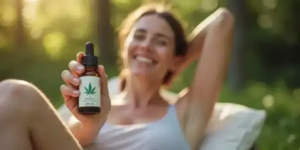 Smiling woman holding a bottle of CBD oil in a sunny outdoor setting.