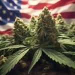 Lush cannabis plants growing with the American flag in the background