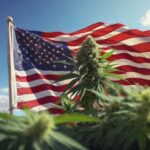 Healthy cannabis plant with the American flag waving in the background.