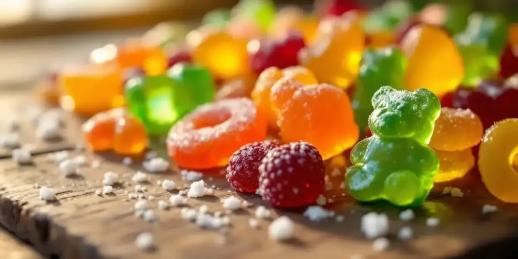 Assorted cannabis gummies on a wooden table, representing edibles as an option for managing fibromyalgia symptoms.