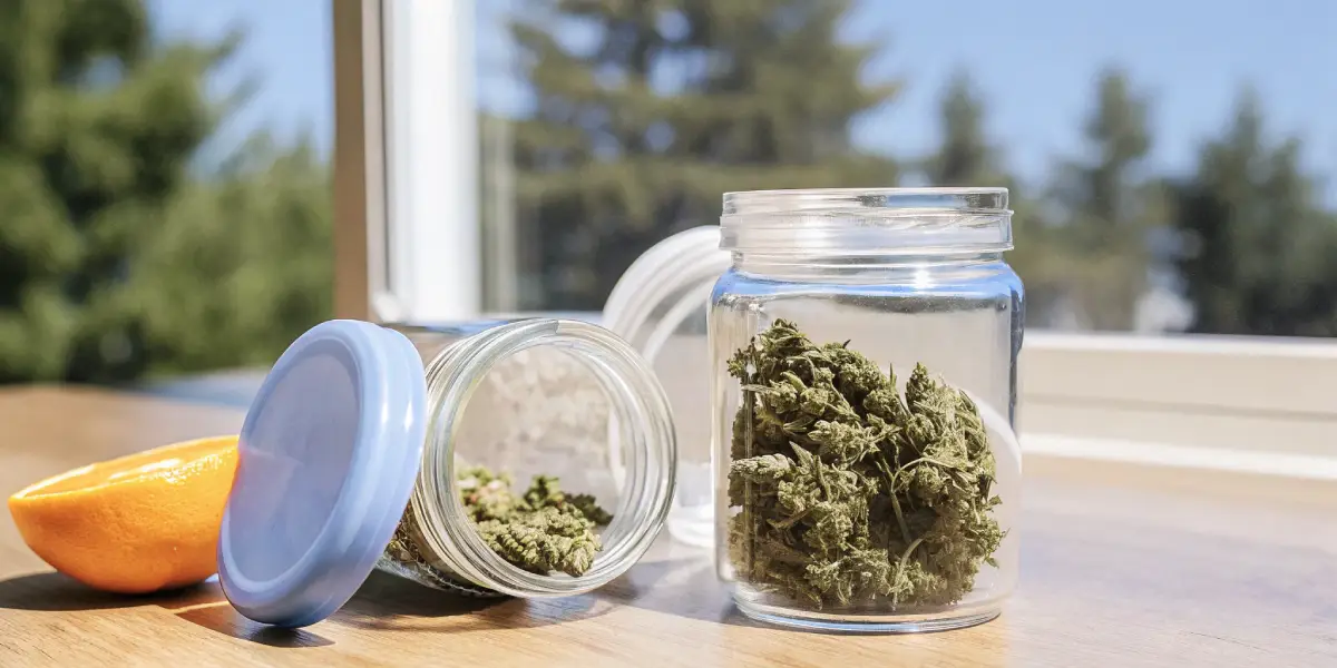 Hyper-realistic image showing cannabis buds in open glass jars with blue and white lids, and an orange, bathed in sunlight.

