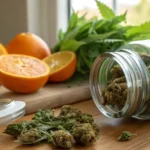 Hyper-realistic image showing cannabis buds spilled from a jar, with fresh orange slices and cannabis leaves on a wooden cutting board in the background.
