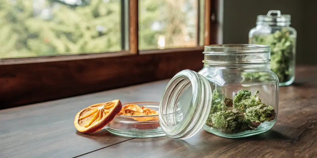 Hyper-realistic image showing the process of curing cannabis with dried citrus slices in glass jars on a wooden windowsill.

