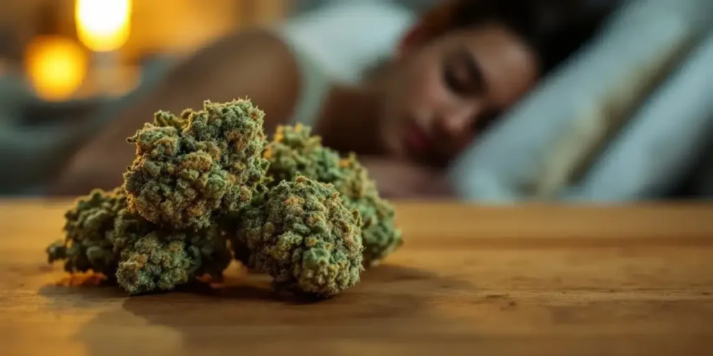 Cannabis buds on a nightstand with a woman sleeping in the background, illustrating how cannabis may help with sleep for fibromyalgia.
