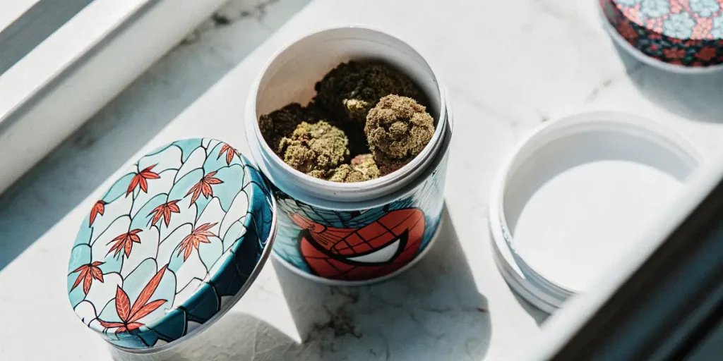 Cannabis Buds in a Decorative Storage Jar