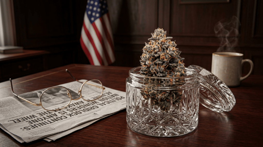 Sleepy Joe cannabis bud glass jar on a wooden desk with a newspaper, eyeglasses, and an office background.