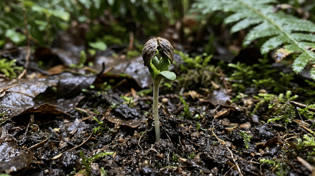 Cannabis seedling with seed shell close up emerging from wet soil on a forest floor.
