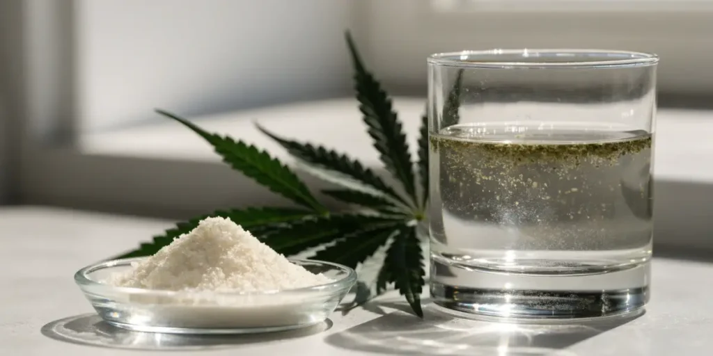 White THC Powder and Cannabis Leaf with a Glass of Water