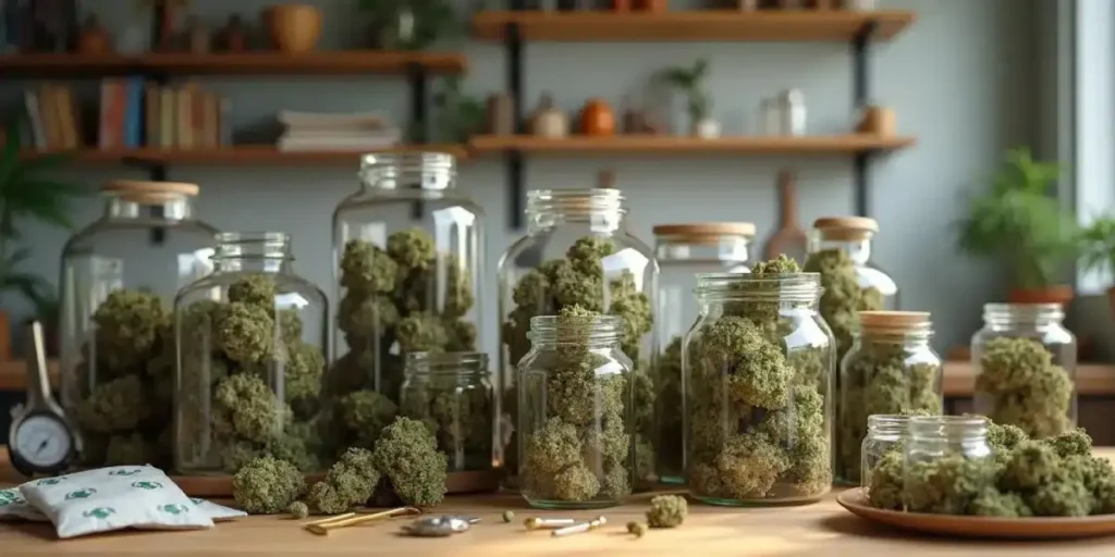 Multiple glass jars filled with cannabis buds on a wooden shelf